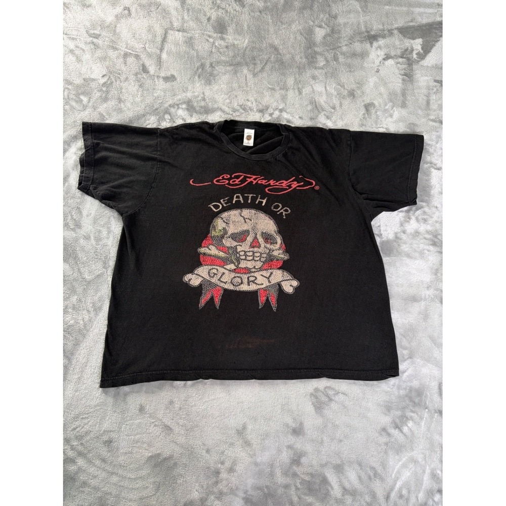 Vtg Christian Audigier Ed Hardy Death Or Glory Skull T Shirt Mens XL Black